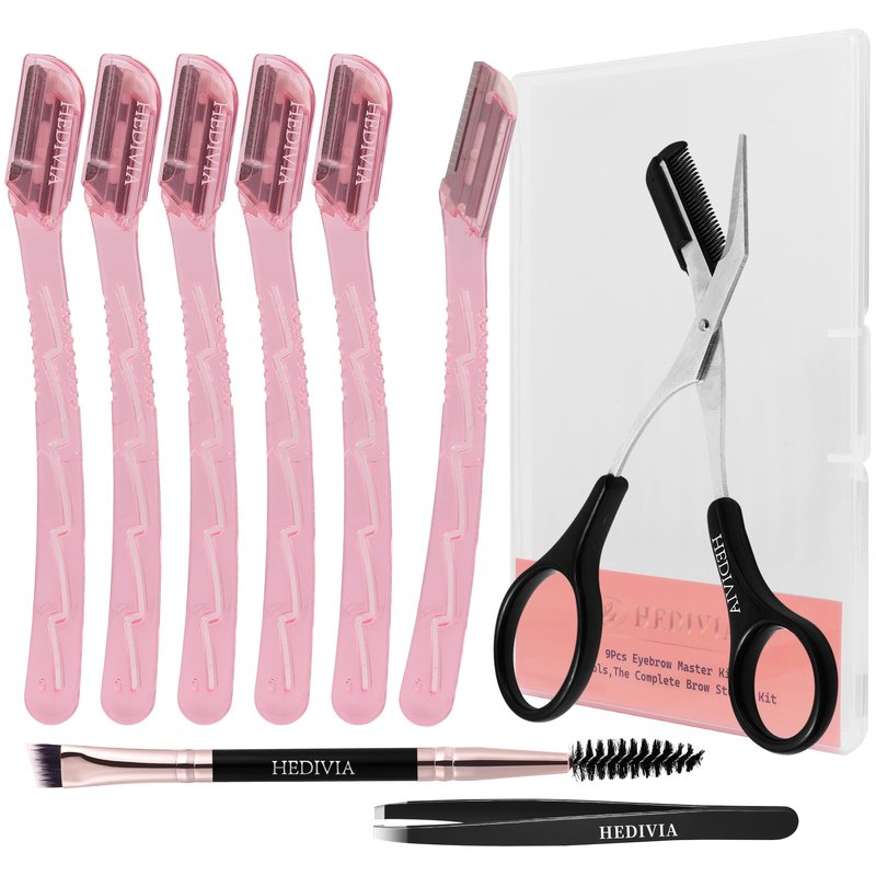 HEDVIA 9 Pcs Eyebrow Razor Kit for Women Shaping, Professional eyebrow Makeup Set with 6 Small Eyebrow Razors, 1 Eyebrow Scissors with Comb, 1Eyebrow Tweezers for Men, 1 Makeup Brushes(Pink Set)