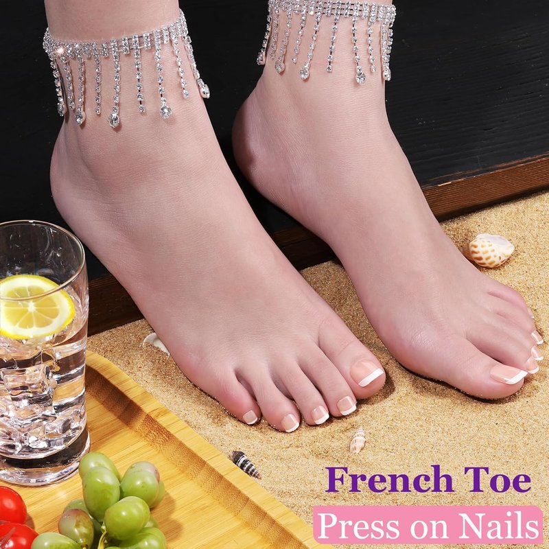 Press On Toenails for Women - 240 Pcs French Tip Set with Nail Glue | 15 Sizes Available