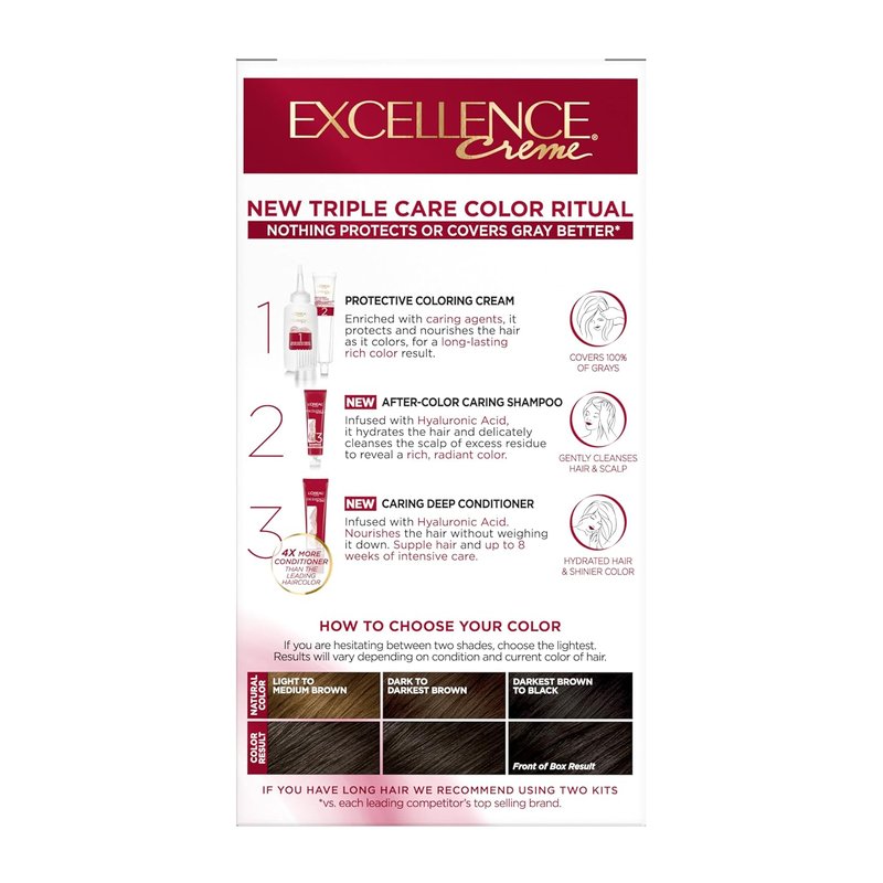 L'Oreal Paris Excellence Crème Hair Dye - Triple Care Formula with Hyaluronic Acid for 100% Gray Coverage - Natural Black, 1 Kit