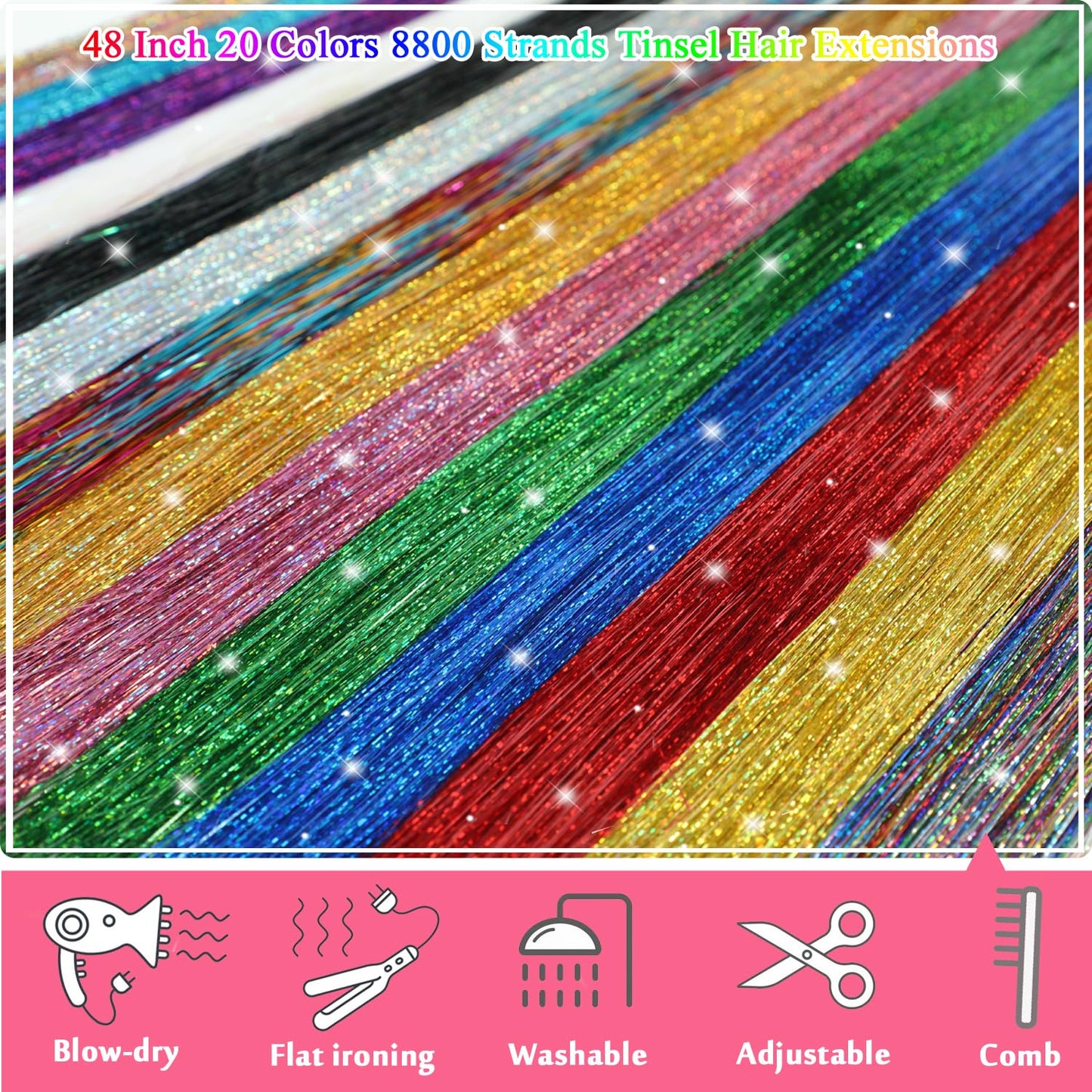 YUBTY Hair Tinsel, 20 Colors 8800 Strands Fairy Hair Tinsel Heat Resistant 48 Inches Glitter Tinsel Hair Extensions Highlights Sparkling Hair Tinsel Kit for Girls Women Hair Accessories Party Festival