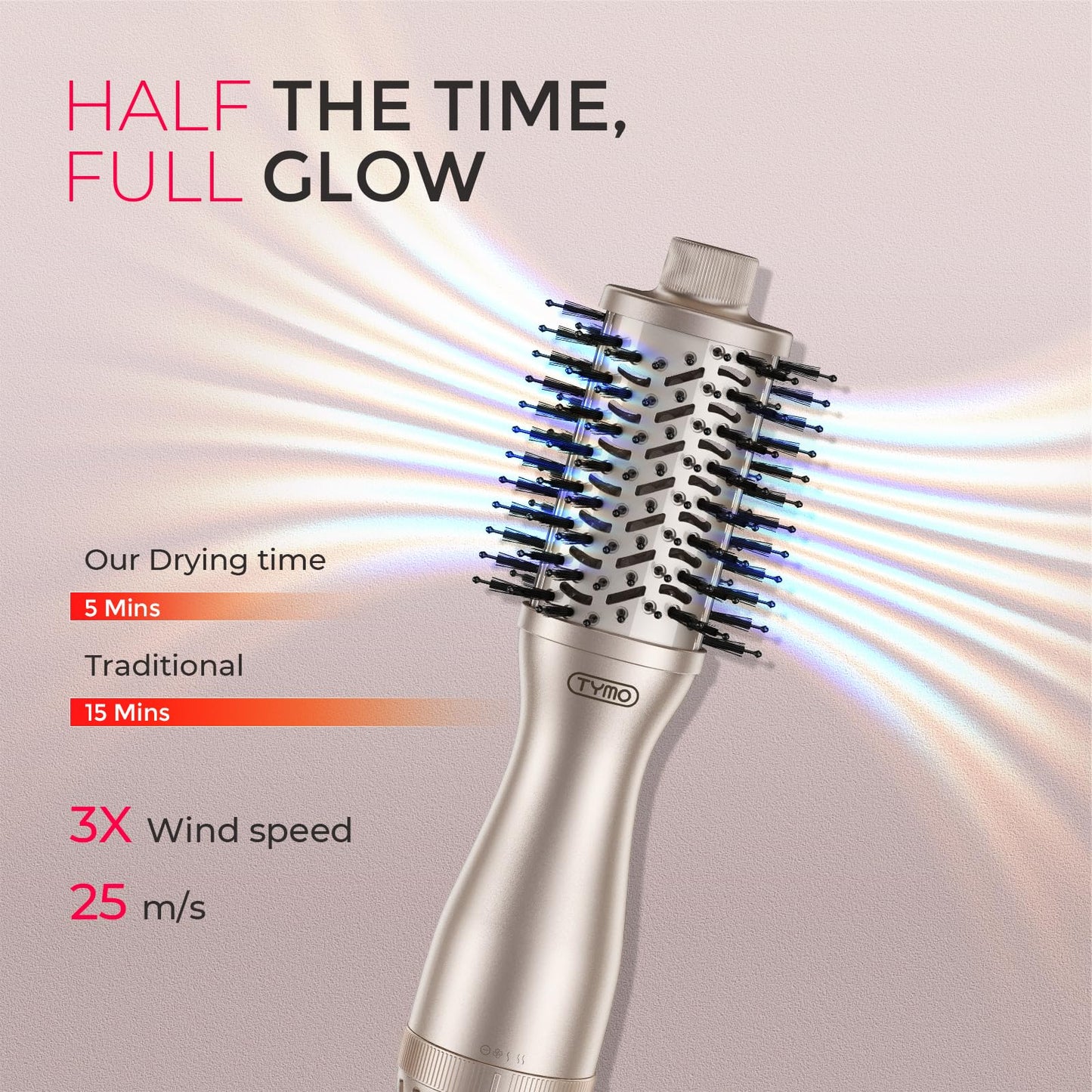 TYMO 2.0 Hair Blow Dryer Brush - Blowout Hot Air Brush, One Step Volumizer, Upgraded 2 Inch Oval Barrel Roller Curling Styler, 3X Faster Drying, 0.6 lb Lightweight, Straightener Curling in One, Gold