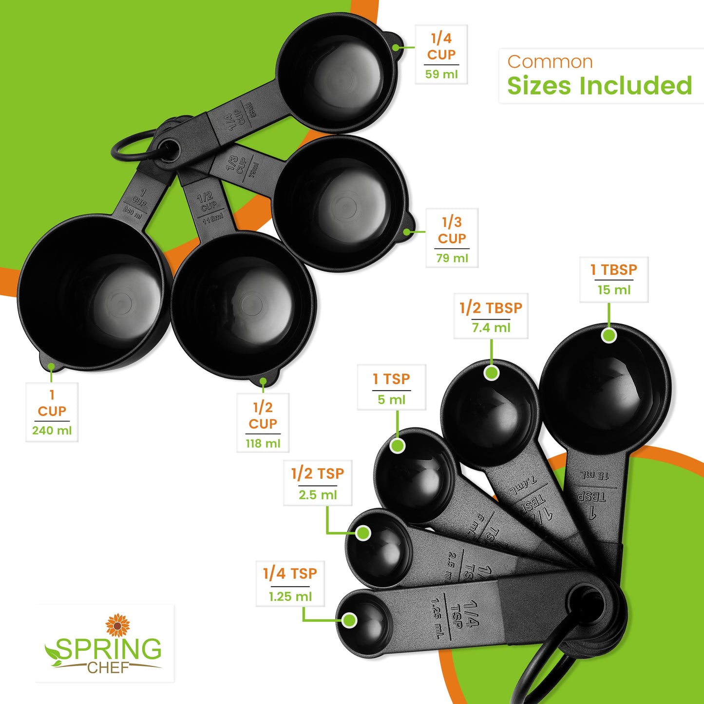 Spring Chef Magnetic Measuring Cups and Spoons Set of 9, Nesting Kitchen Tool with Easy to Read Markings for Measuring Dry or Liquid Ingredient, BPA Free, Black