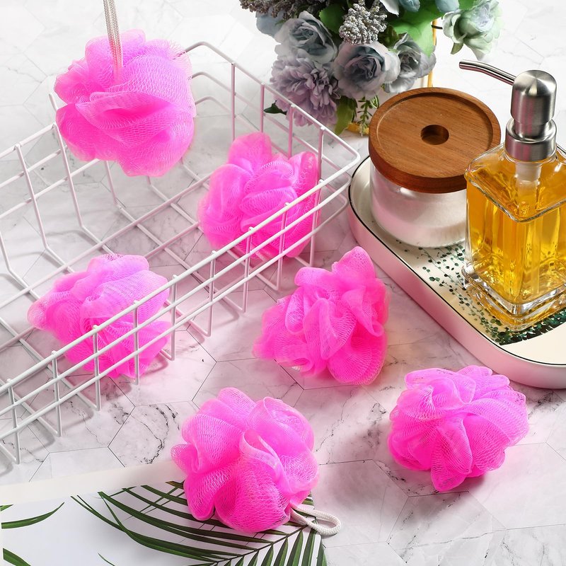 Shellwei 24 Pcs 3 Inch Mini Loofah Travel Size Bulk Shower Sponge Pouf Mesh for Women Kids Men Exfoliating Body Scrubber Baby Shower Favor(Rose Red)