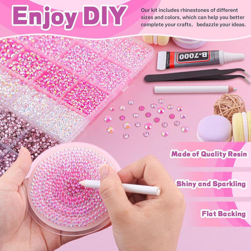 20000 Pcs Pink Rhinestones for Crafting | Bedazzler Kit with 3 Pcs B7000 Jewelry Glue for Clothing, Shoes, Nail Art