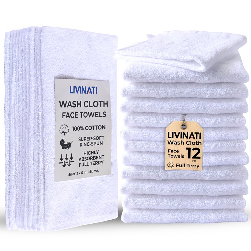 LIVINATI White 100% Cotton Wash Cloths for Showering Body and Face - 12"X12" 12 Pack Washcloths - Small Terry Towel Bath Rags for Adults and Kids Bathroom - Soft Absorbent