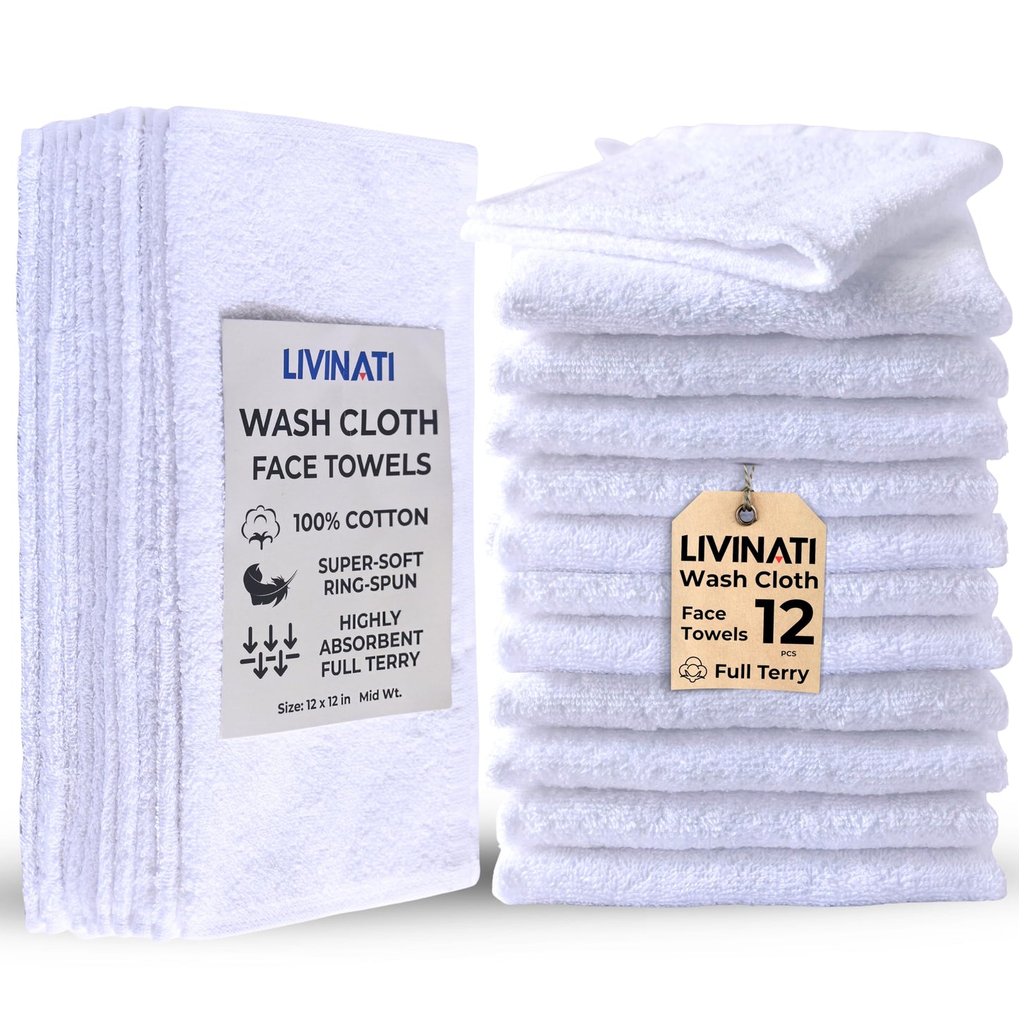 LIVINATI White 100% Cotton Wash Cloths for Showering Body and Face - 12"X12" 12 Pack Washcloths - Small Terry Towel Bath Rags for Adults and Kids Bathroom - Soft Absorbent