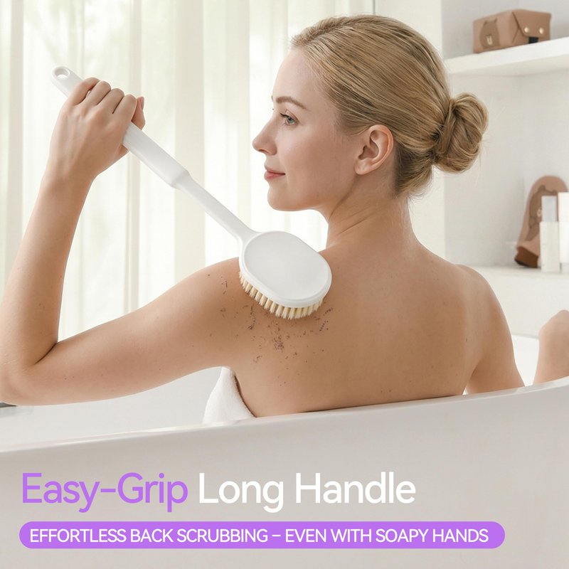Back Scrubber for Shower for Women Men, Body Brush with Long Handle, Exfoliating Bath Washer with Soft Bristles, Body Exfoliator for Wet or Dry Brushing, Back Scrub Deep Cleaning, White