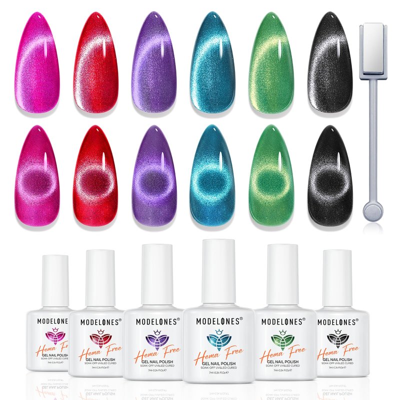 modelones Cat Eye Gel Nail Polish Set, Hema-Free 6 Colors Noen Glitter Pink Red Green Purple Blue Black Cateye Gel Polish Kit with Magnet Sparkle Galaxy Series Soak Off Led Nail Art Salon DIY Gifts