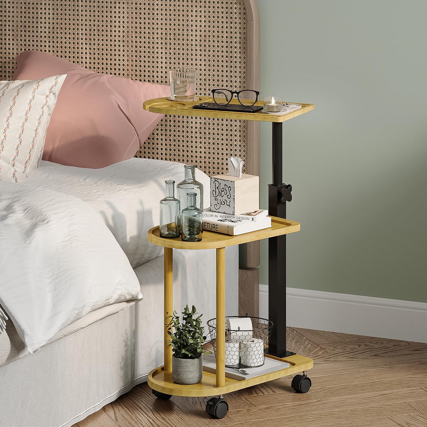 Welfuturer Bamboo 3 Layer Rotating Bathtub Tray Table, Adjustable Height Freestanding Caddy Shelf for Plants & Bath Essentials,Spa Side Table for Tub,Multifunctional Bamboo Stand Organizer,Natural