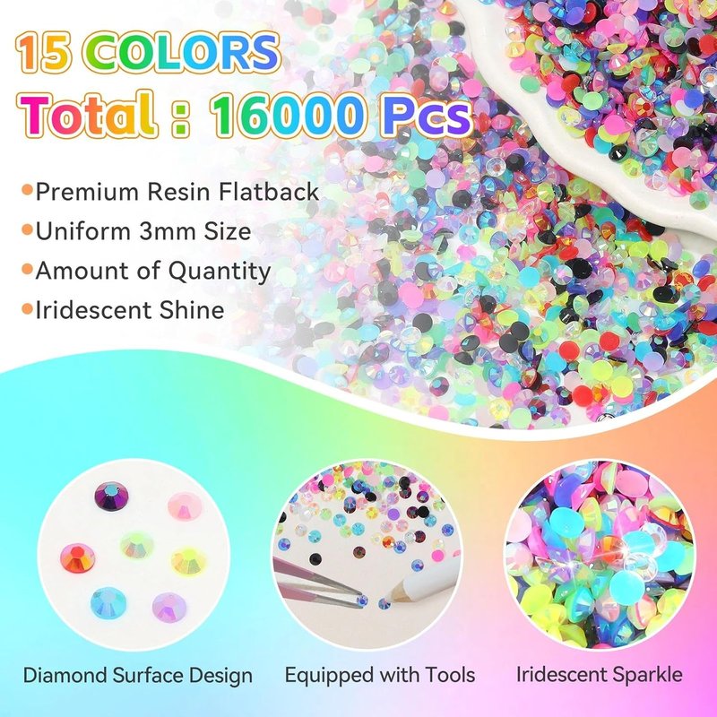 Skiennix 16000 Pcs Color Rhinestones - 3mm Mixed Sizes Flatback Resin Gems for DIY Crafts & Makeup