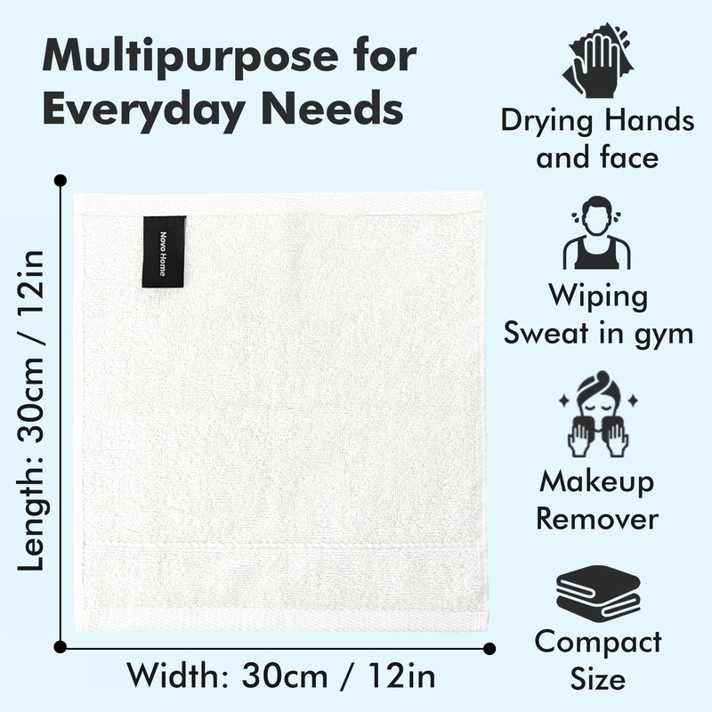Novo Home Face Towels Pack of 12 – 100% Cotton Wash Cloths (12x12 inch) – Soft, Quick Dry & Highly Absorbent Hand Towels for Bathroom, Spa, Gym, Kitchen and for Daily Use - (White)