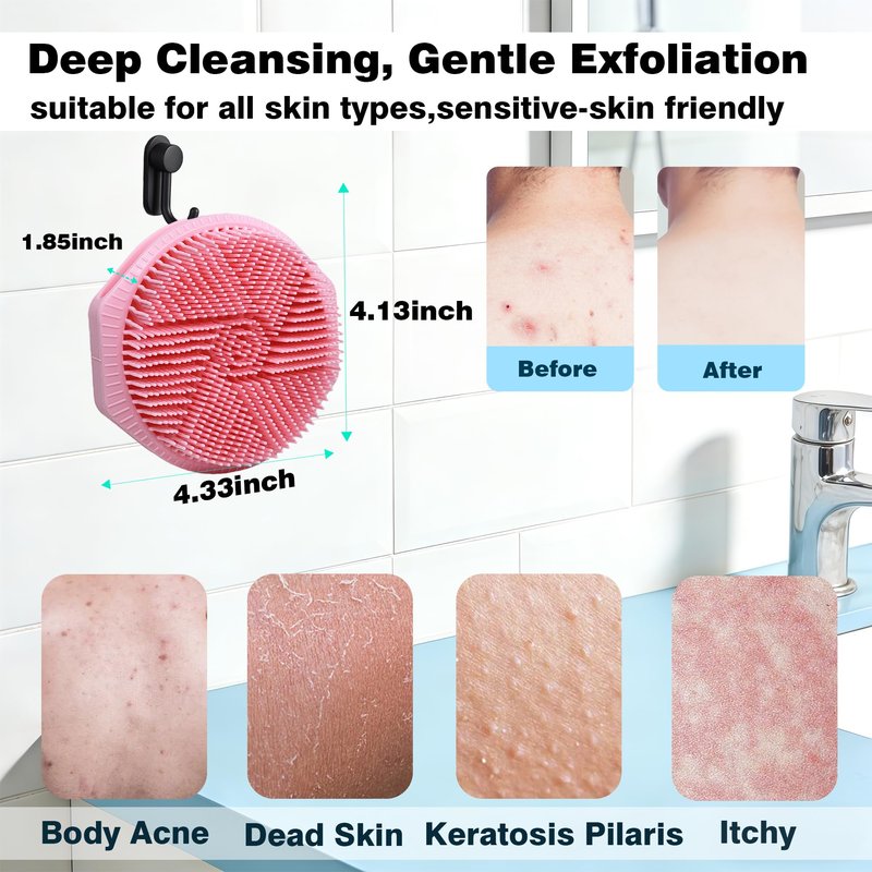PeaKalo Silicone Body Scrubber for Men Women, Dual-Sided Bath Brushes Gentle Exfoliating Body Scrubber Scalp Massager for Deep Cleansing, Soft Silicone Loofah Body Washing Brushes (Pink)