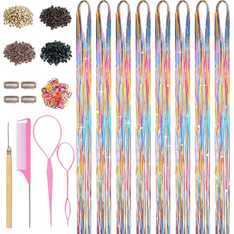 Rainbow Hair Tinsel, 8 Pcs Fairy Hair Tinsel Kit for Girls Women 48 Inch 3200 Strands with Tools Hair Accessories Glitter Tinsel Hair Extensions for Party Festival Christmas (Rainbow)