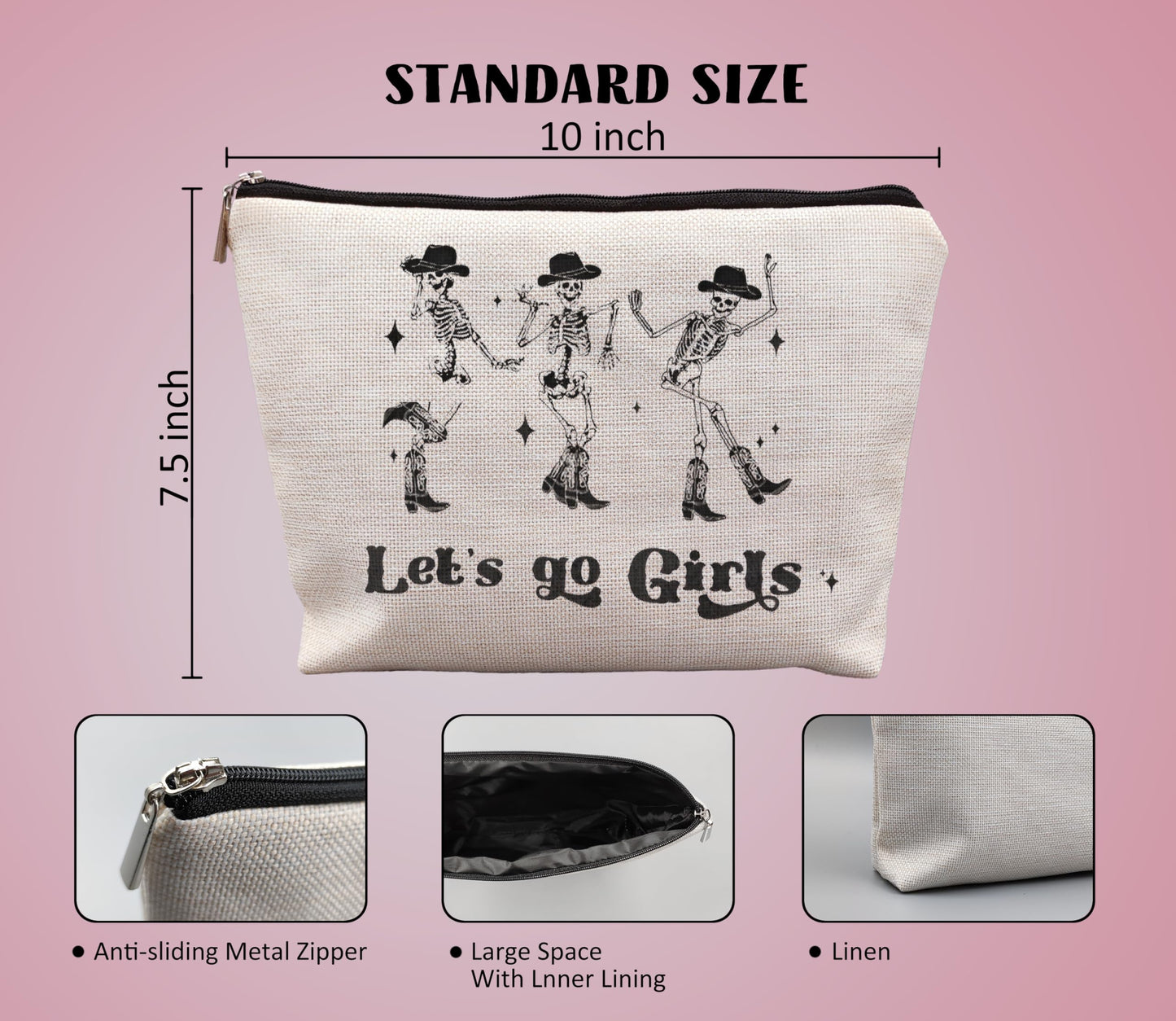 uinwk Western Makeup Bag, Skeleton Makeup Bag, Gothic Makeup Bag, Let's Go Girls Makeup Bag, Western Gifts For Cowgirls