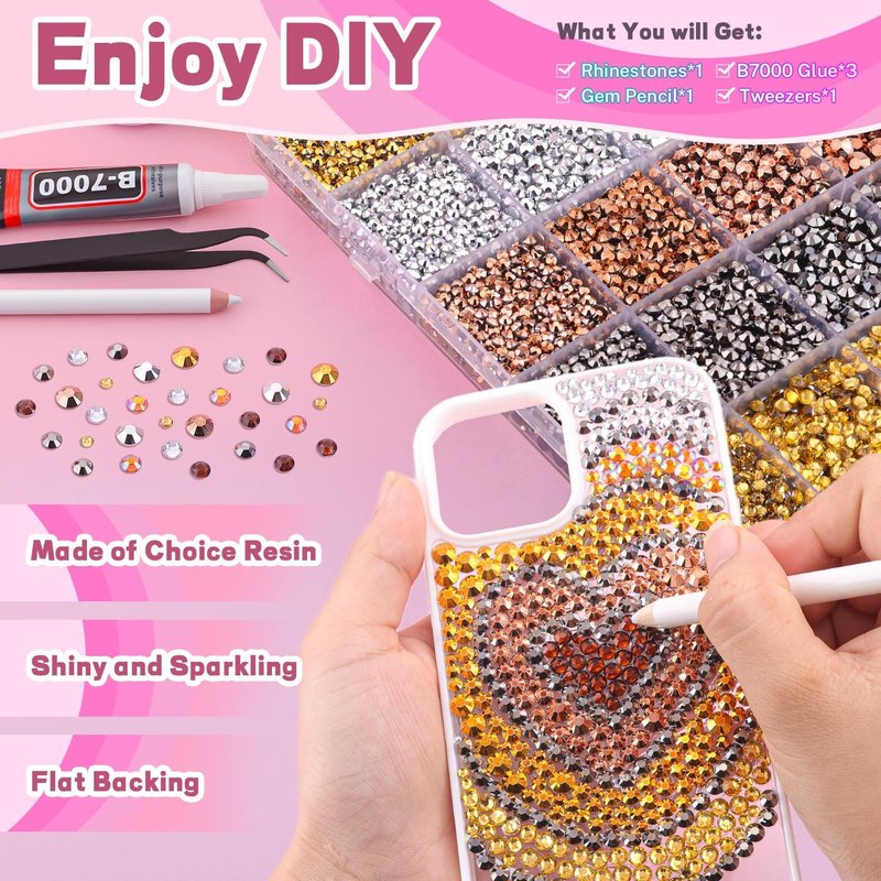 20000Pcs Metallic Rhinestones for Bedazzling with B7000 Jewelry Glue, Resin Rhinestones for Crafting Crafts DIY, Bedazzler Kit Gems for Clothing Shoes Tumblers Fabric Nail Art Assorted Size 3/4/5/6mm