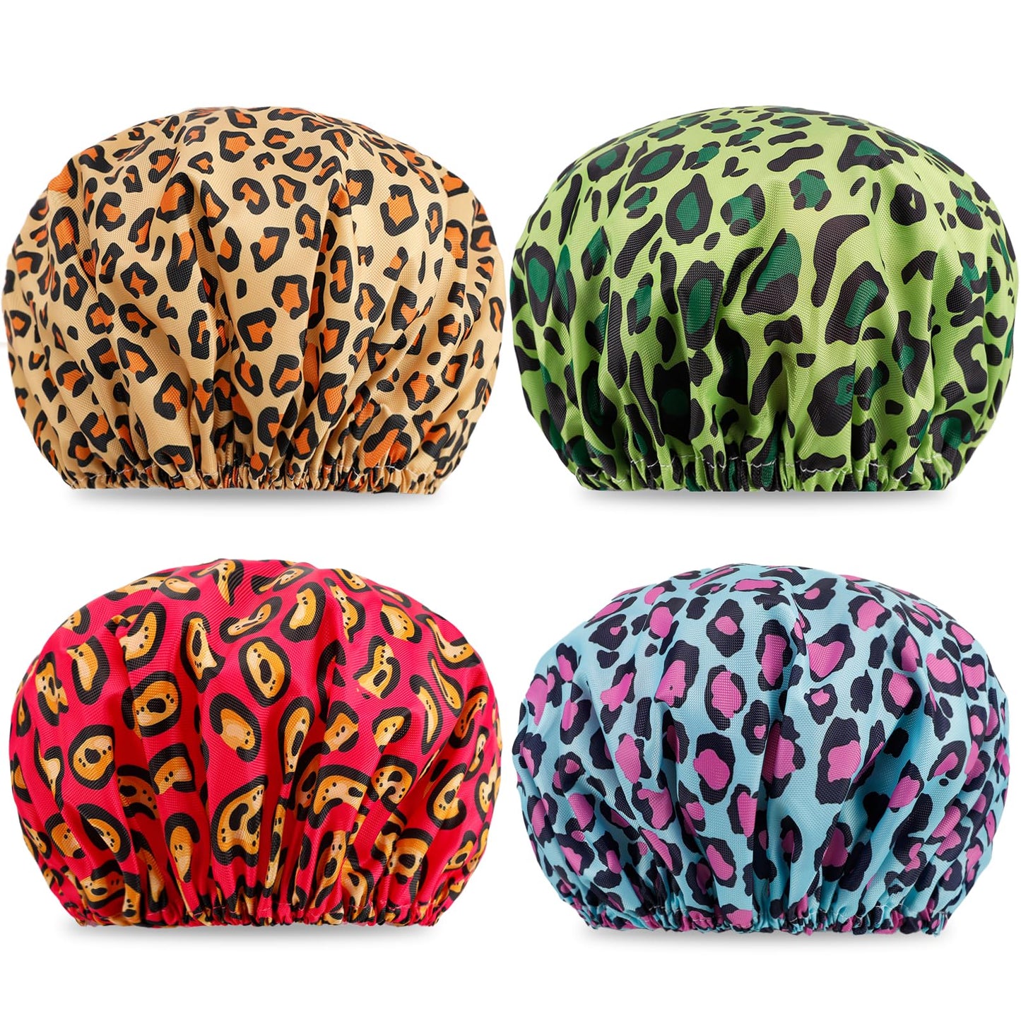 Erinnmy 4 PCS Shower Caps for Women,Reusable Waterproof Shower Cap,Double Layers Bath Caps,Large Shower Cap with EVA Lining,Elastic Bathing Hair Cap for All Hair Lengths(Leopard 1)