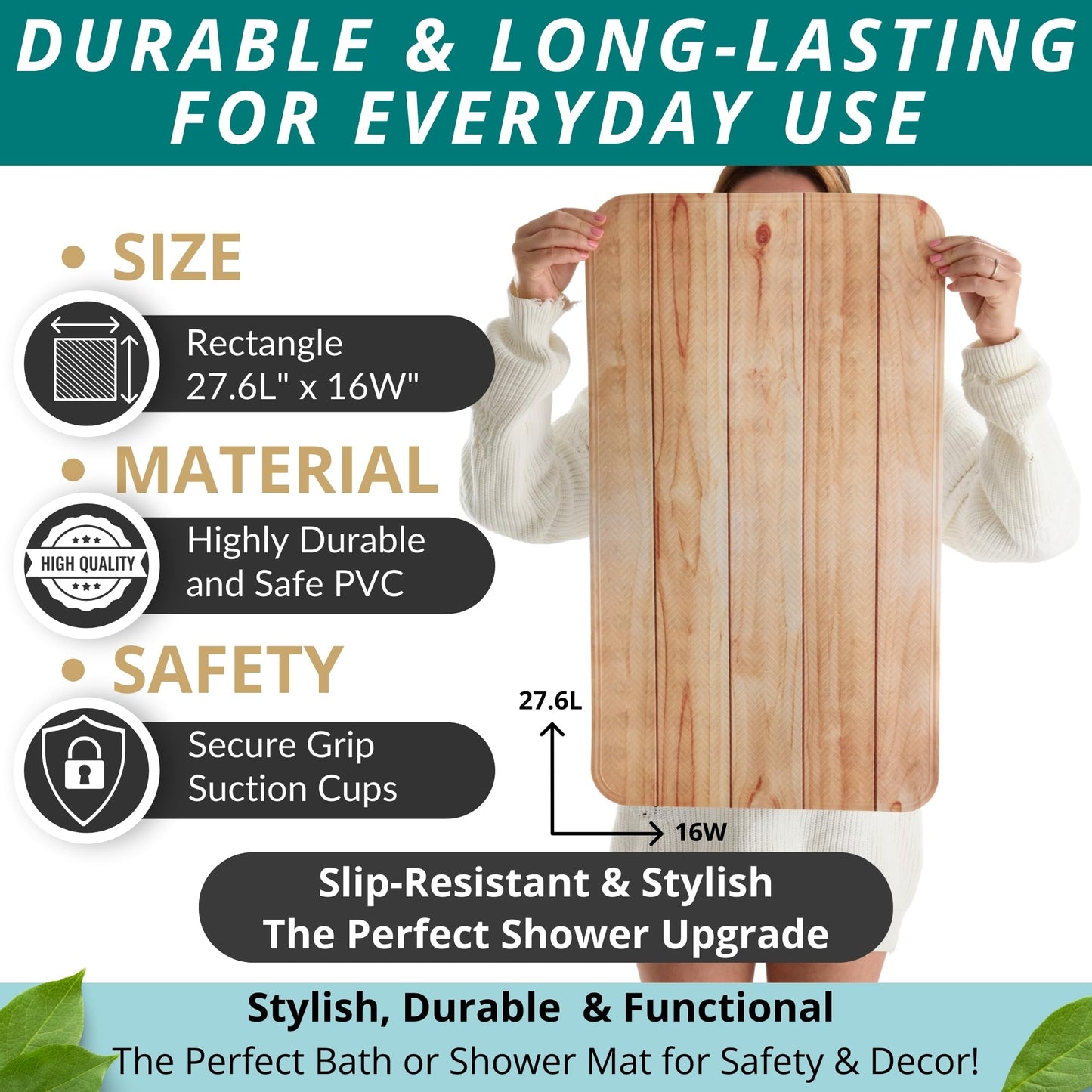 ENKOSI Bath Mat for Tub and Shower Floors - Non Slip Shower Mat – Anti Slip Bathtub Mat with Strong Suction Cup Grip – Soft, Wood Design Bathroom Mat for Inside Bath and Showers (28x16 Wood Teak)