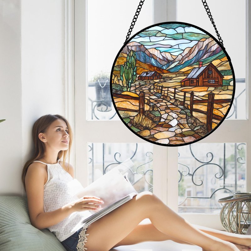 QZQCBLC Stained Glass Window Hanging Mountain Ranch Rural Life 7.8" - Cactus Suncatcher Door Terrace Garden Sun Catcher Home Decor Birthday Christmas for Mom Men Woman Friend