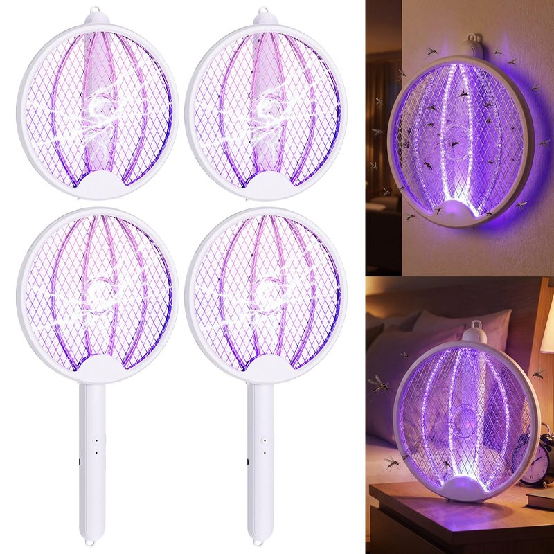 Qualirey 4 Pcs Electric Fly Swatter Bug Zapper Racket 2 in 1 USB Rechargeable Mosquito Racket 3000v High Powered Mosquito Killer for Indoor Outdoor Home Bedroom Kitchen Patio Office Insect (Foldable)