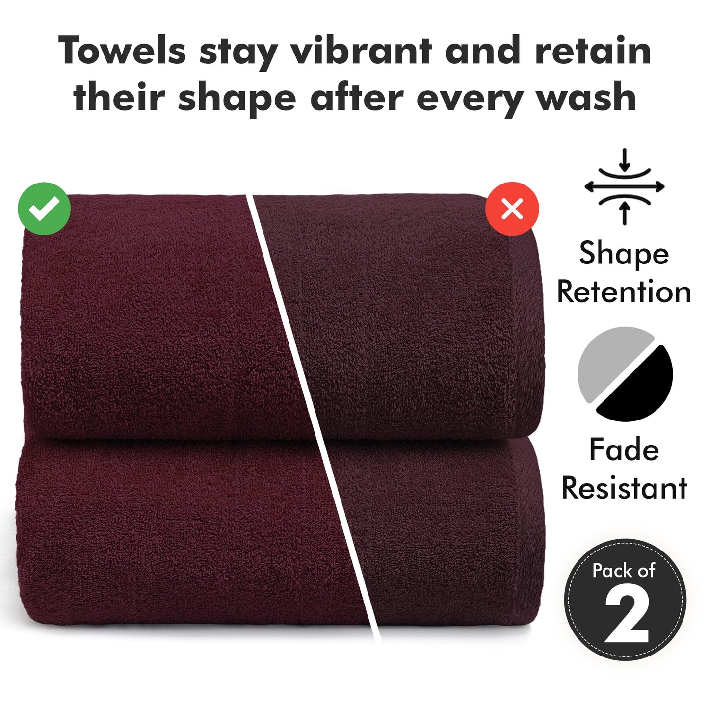 Novo Home Bath Sheets – Extra Large Bathroom Sheet Set – Pack of 2 Jumbo Towels Burgundy (71x35in) – 100% Cotton Soft Quick Dry Large Bath Towels for Adults Hotel Spa Bathroom Use