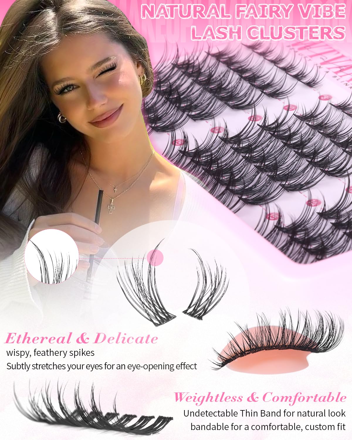 Wtvane Lash Clusters Wispy Eyelash Clusters Natural Lash Extensions 8-16mm Cluster Eyelash Extensions Fairy Lashes Clusters with Soft Thin Lash Band C-Curly Individual Lashes Anime Eyelashes Cluster