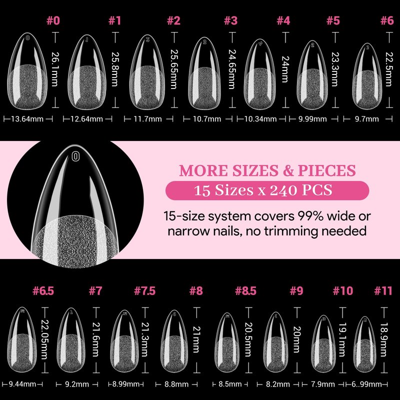 Qiek Medium Almond Fake Nail Tips, 15 Sizes 240 PCS Clear Half Matte Press On False Nail Tips Pre-shaped Full Cover Gel Nail Acrylic Soft Tips Extensions Thick Long Lasting for Home DIY Nail Salon