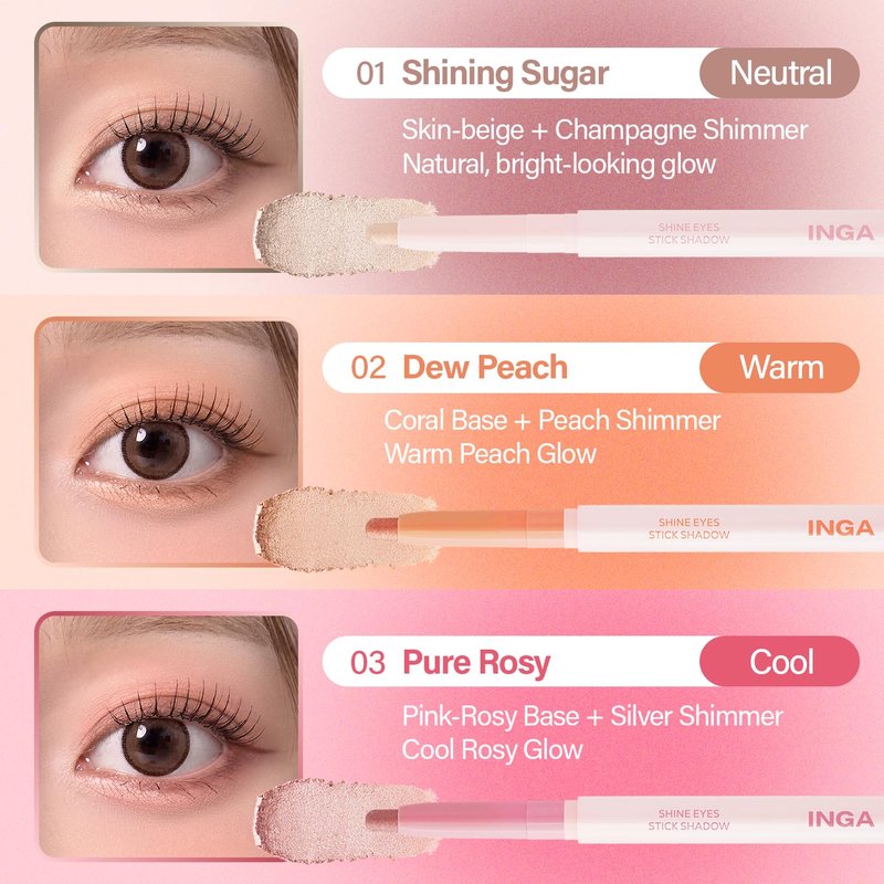 INGA Shine Eyes Stick Shadow - Creamy Shimmer Eyeshadow, Smudge-Proof, Easy-to-Blend, Long-Lasting Eye Makeup Stick with Precise Tip for Easy Application (Dew Peach)