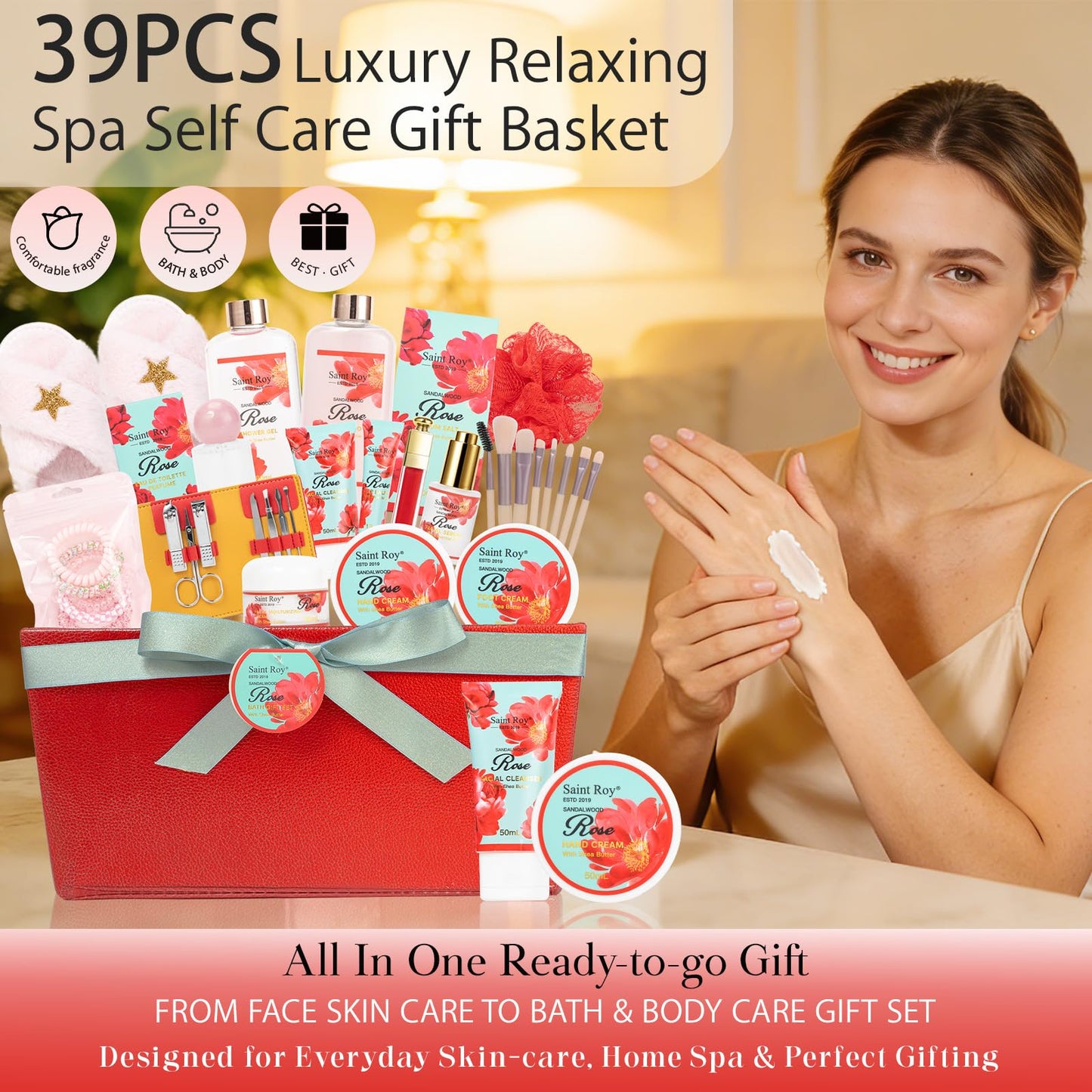 39 Pcs Sandalwood Rose Spa Gift Set, bath kit Bath and Body Spa Gift Basket for Women Necklace, Face Skin Care Kit, Self-Care Set, Lip Gloss, Birthday, Christmas, Mother, Bridal Shower, Anniversary