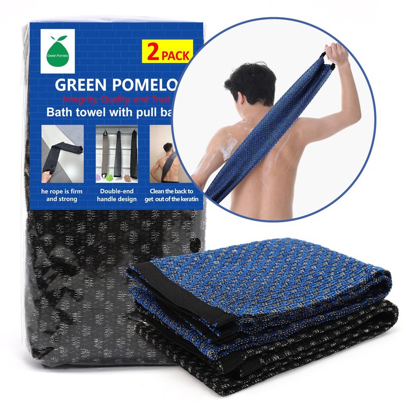 Japanese-style exfoliating bath towel and towel set (2 pieces) - loofah, durable and quick-drying, extra-long design, skin-friendly material, mesh design, suitable for all skin types - 1 blue, 1 black