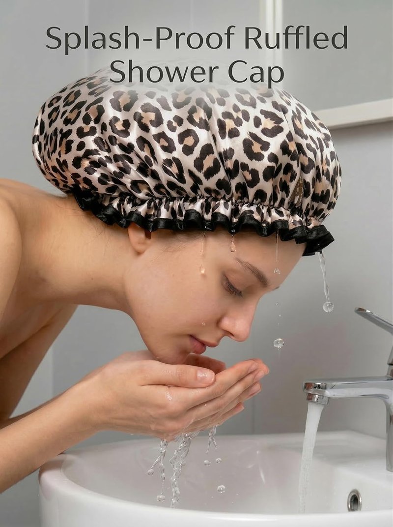Aquior Shower Cap - Reusable Waterproof Leopard Print Hair Cap | Dual Layer Ruffle Edge for Long Hair