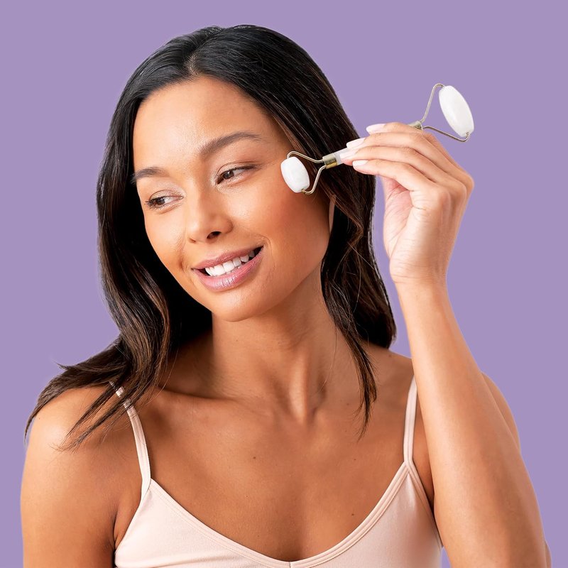 Plum Beauty Gua Sha Stone & Facial Roller - White Jade Face Massager Set for Lymphatic Drainage & Tension Relief