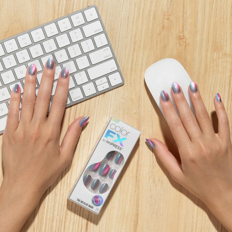 Kiss Impress No Glue Mani Press On Nails, ColorFX, 'Fly Up', Silver, Short Size, Oval Shape, Includes 30 Nails, Prep Pad, Instructions Sheet, 1 Manicure Stick, 1 Mini File
