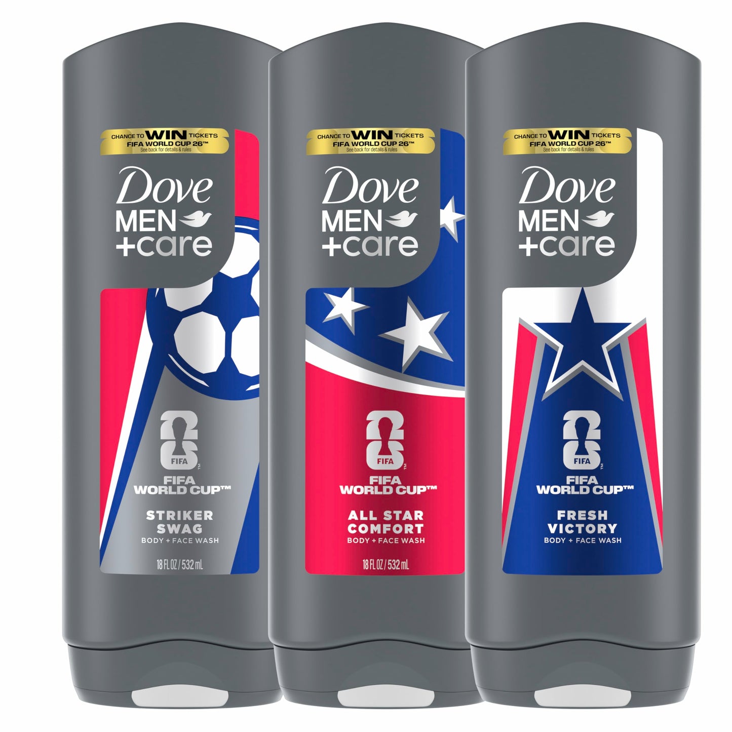 Dove Men+Care FIFA World Cup 2026 Limited Edition Body & Face Wash Mixed Pack, MicroMoisture Hydration & Skin Strengthening, 3‑Count