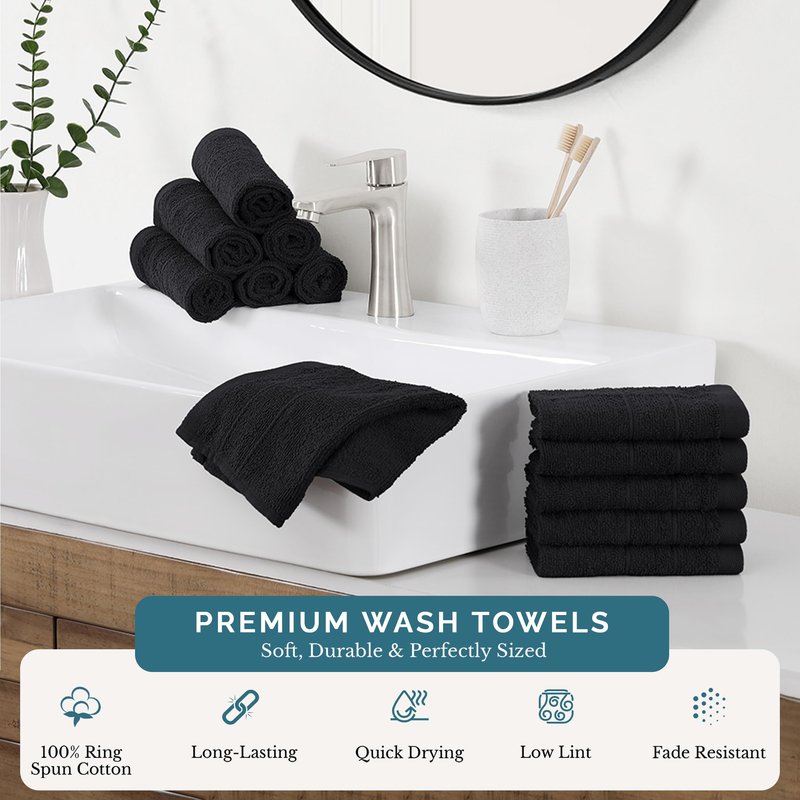 Casa Platino Washcloths 12 Pack - 100% Ringspun Cotton Washcloths - 13"x13"- Soft Textured, Well Stitched, Lightweight Towel - Absorbent & Durable - Perfect for Daily use - Black Wash Cloths