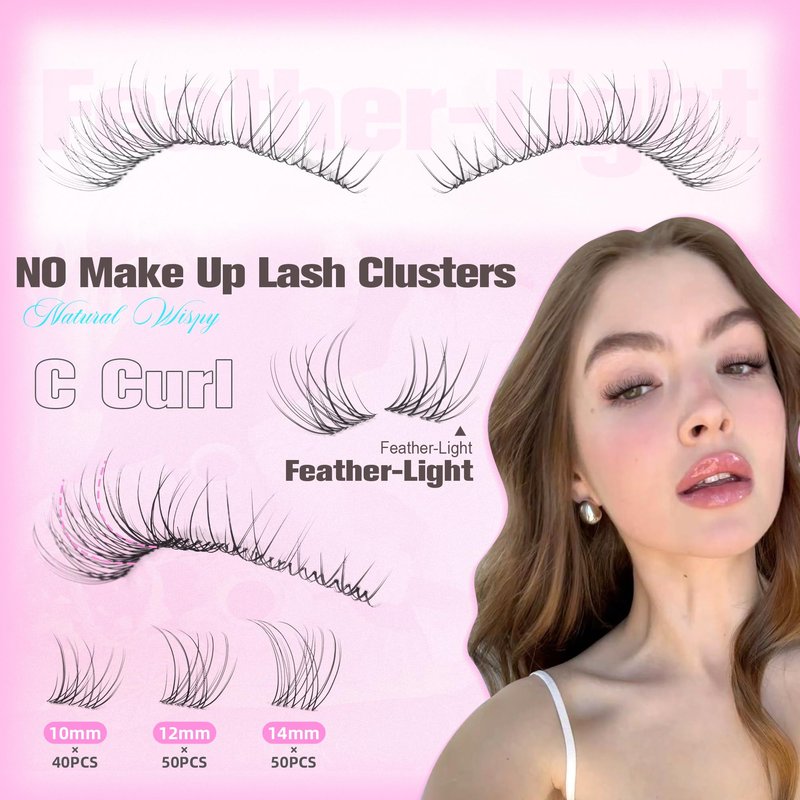Natural Lash Clusters 10-14MM Short Eyelash Clusters Wispy Cluster Lashes Invisible Band Cluster Eyelash Extensions C Curl Individual Lashes for Clean Girl Make Up