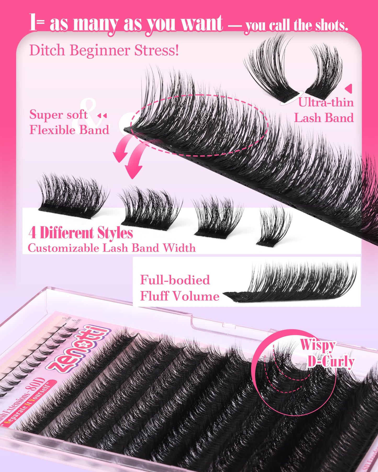 Volume Lash Clusters Wispy Cluster Eyelash Extensions Thick Eyelash Clusters with Bottom Lashes 80D Individual Lashes D Curly Lashes Extension DIY at Home 5-18mm by zenotti