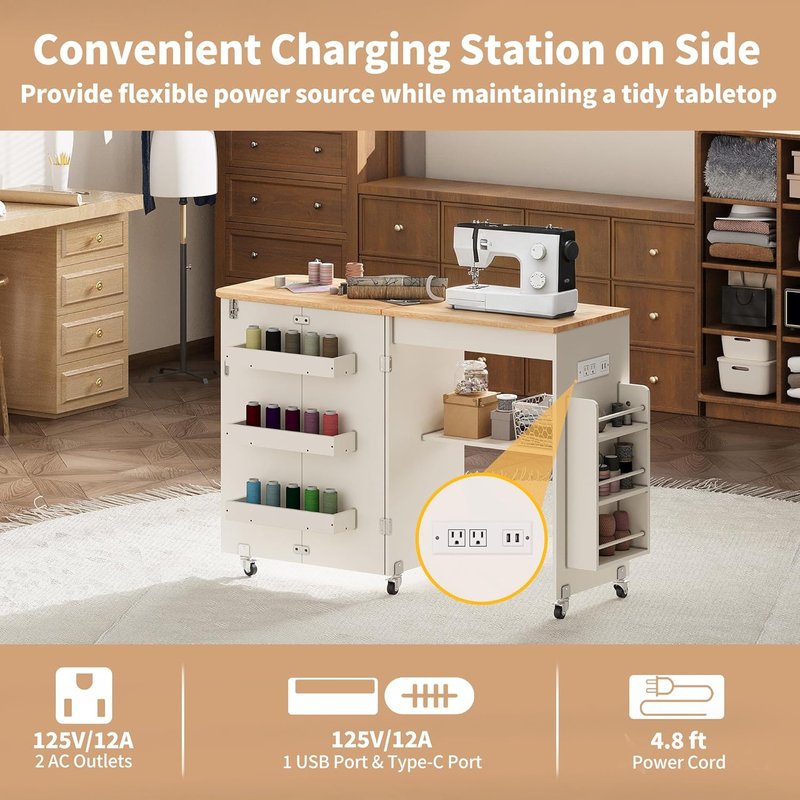 Folding Sewing Table with Power Outlet, Rolling Sewing Desk with Side Storage Rack, Compact Portable Sewing Cabinet for Sewing Machine, Craft Table Organizer for Home (White)