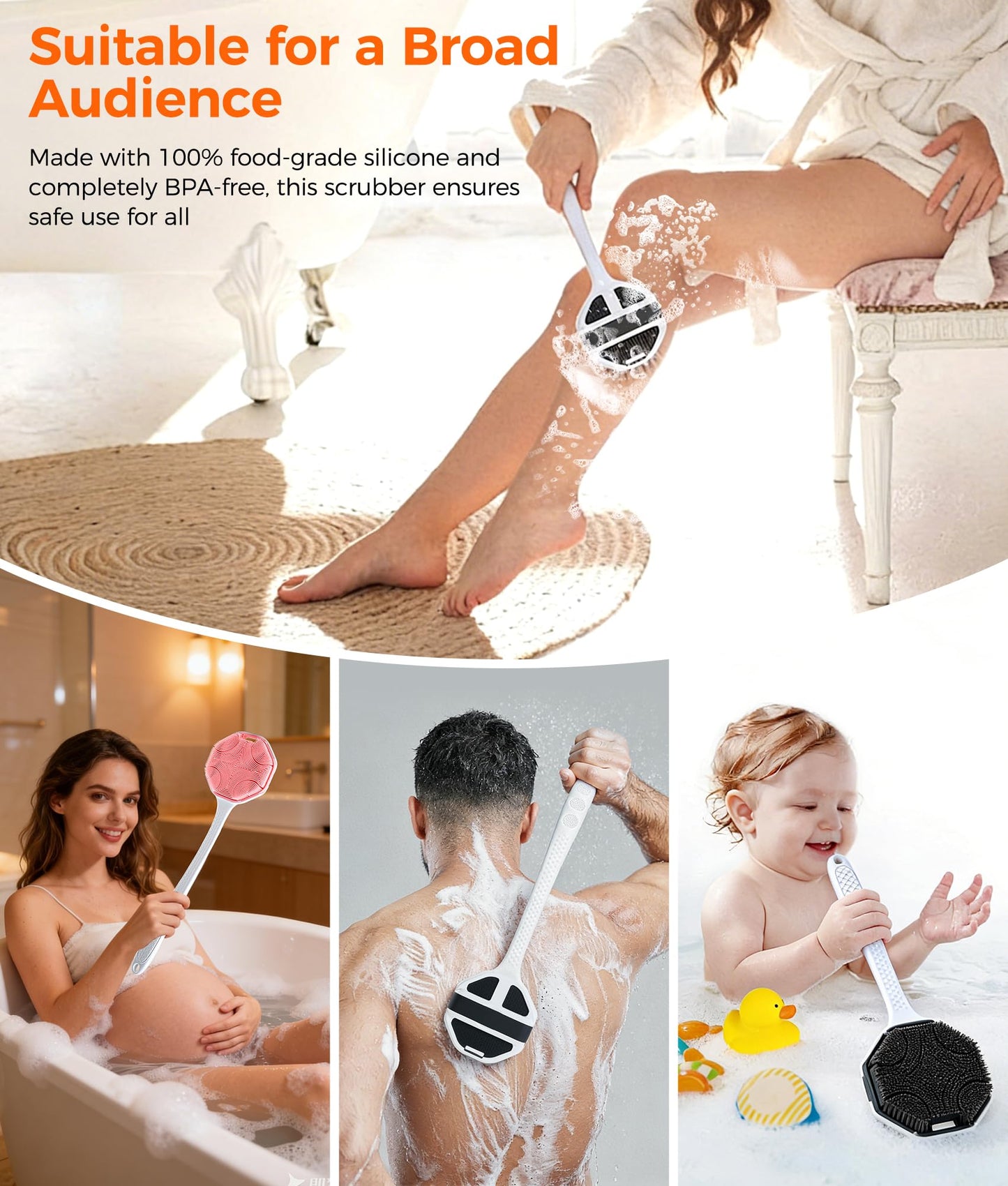 EaTubano Back Scrubber for Shower, 2 Pack Silicone Body Scrubber with Long Handle, Soft Bristles Gentle Exfoliating Bath Brush for Deep Cleansing, Black + Pink