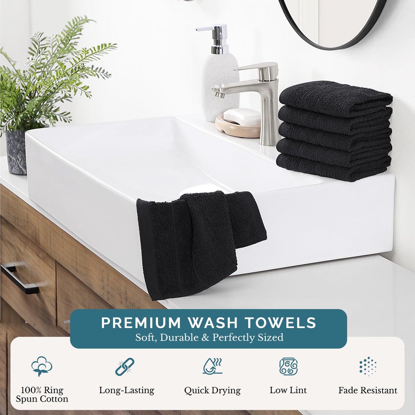 Casa Platino Washcloths 6 Pack - 100% Ringspun Cotton Washcloths - 13"x13"- Soft Textured, Well Stitched, Lightweight Towel - Absorbent & Durable - Perfect for Daily use - Black Wash Cloths
