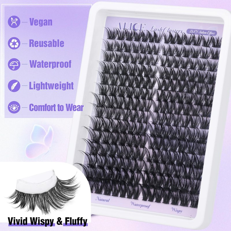 ALICE Lash Clusters Wispy Cluster Eyelash Extensions 192pcs Natural Individual Lashes DIY Lash Extension 10-18mm Cluster Eyelashes with Mix 4-7mm of Lash Band