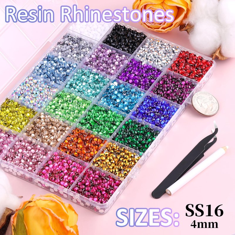 Resin Rhinestones - 12600 Pcs Multicolor 4mm Flatback Gems with Tweezers & B7000 Glue | Perfect for Crafts, Clothing, Tumblers, Nail Art
