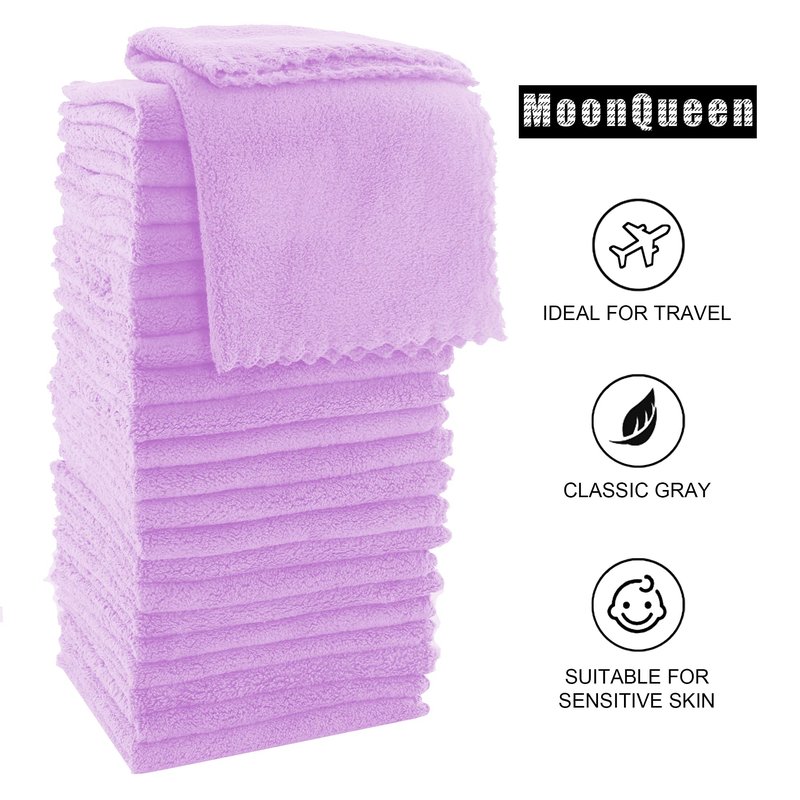 MOONQUEEN Ultra Soft Premium Washcloths Set - 12 x 12 inches - 24 Pack - Quick Drying - Highly Absorbent Coral Velvet Bathroom Wash Clothes - Use as Bath, Spa, Facial, Fingertip Towel (Purple)