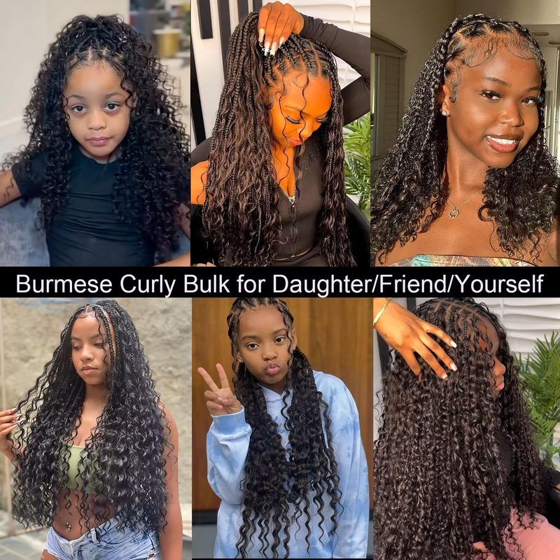 Lemoda Boho Human Hair Extensions - Burmese Curly Bulk for Knotless Braids | 12 Inch, 100g, Natural Black