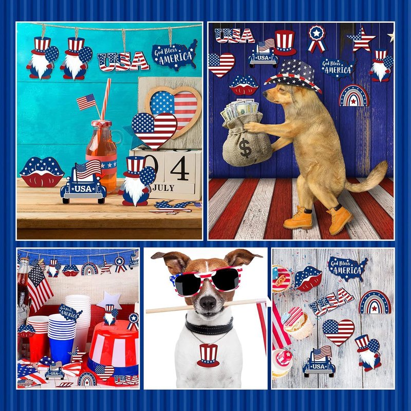12 Pcs 4th of July Patriotic Hanging Ornaments Red White Blue USA Flag Wooden Decorations Independence Day Gnome Star Heart Car Ornaments for Home Party Tree Decor