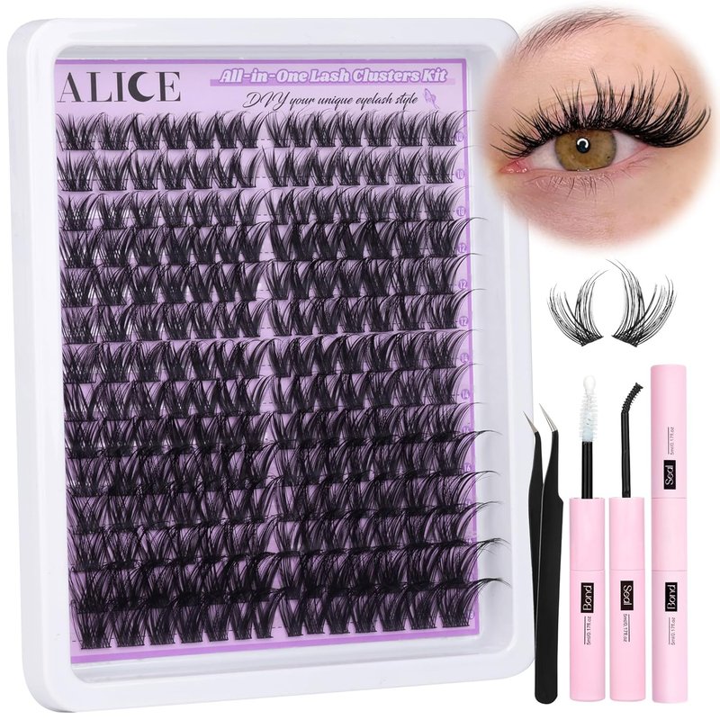 Cluster Eyelash Extension Kit - Natural Wispy 196pcs DIY Lashes | 10-18mm Individual Lashes with 4-7mm Bands, Glue & Tweezers