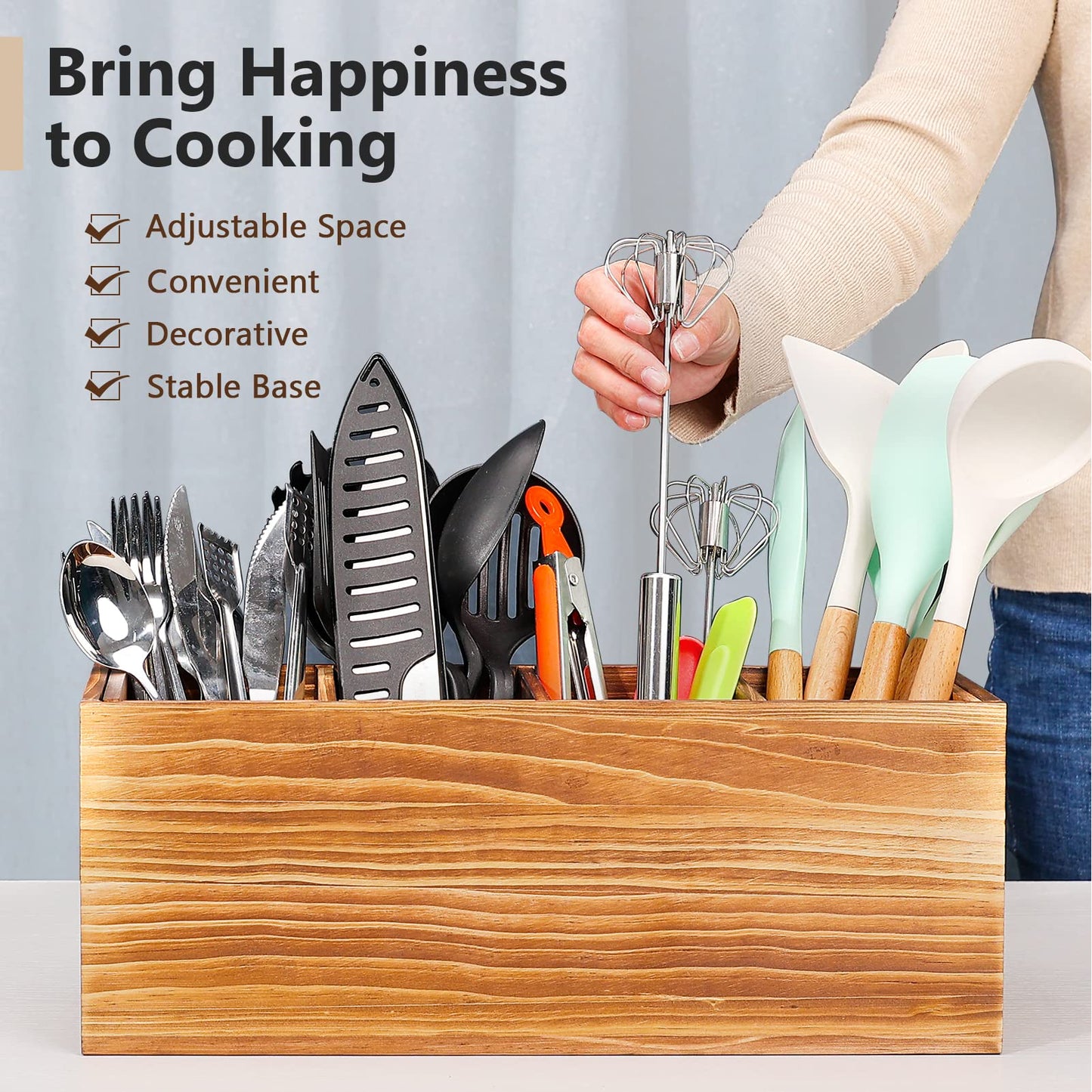 Yumkfoi Extra Large Utensil Holder, 4 Sections Wooden Utensil Organizer for Countertop, Rustic Utensil Caddy Crock Counter Organizer and Cooking Tools Storage