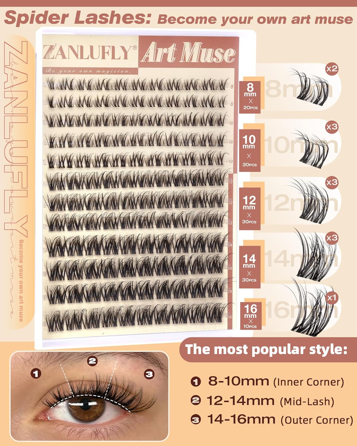 Zanlufly Spider Lash Clusters - Natural Wispy Eyelash Extensions | Light & Fluffy 8-16mm D Curly Lashes