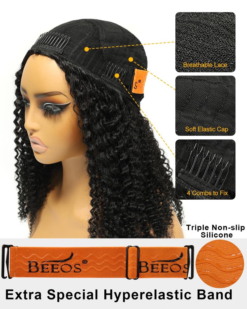 Jet Black Kinky Curly Half Wig - 200% Density Glueless Drawstring | 20 Inch for Black Women