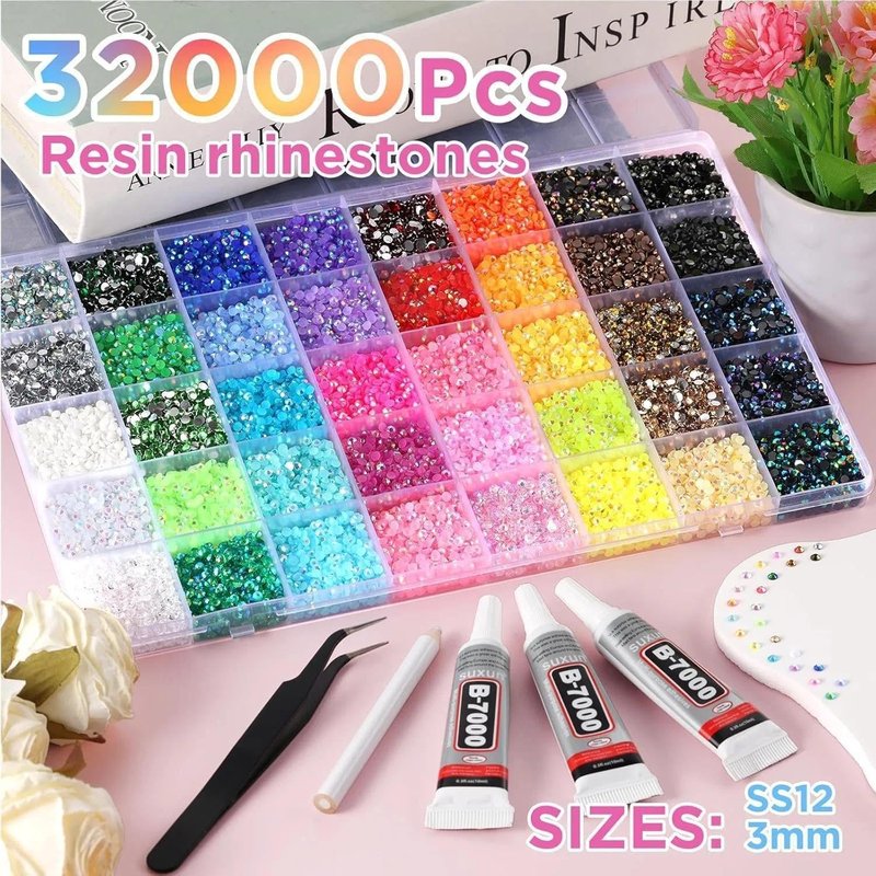 40 Colors Rhinestones for Bedazzling, Bedazzling Tools Kit with Rhinestones - 32000 Pcs 3mm Flatback Gems, Includes B7000 Glue & Full Accessories for DIY Crafts, Nail Art, Shoes and Diamond Art