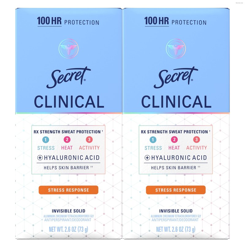 Secret Clinical Strength 100HR Sweat & Odor, Stress Response Invisible Solid Antiperspirant Deodorant for Women, 3X Stress Protection with Hyaluronic Acid, PH Balanced, 2.6 oz (Pack of 2)